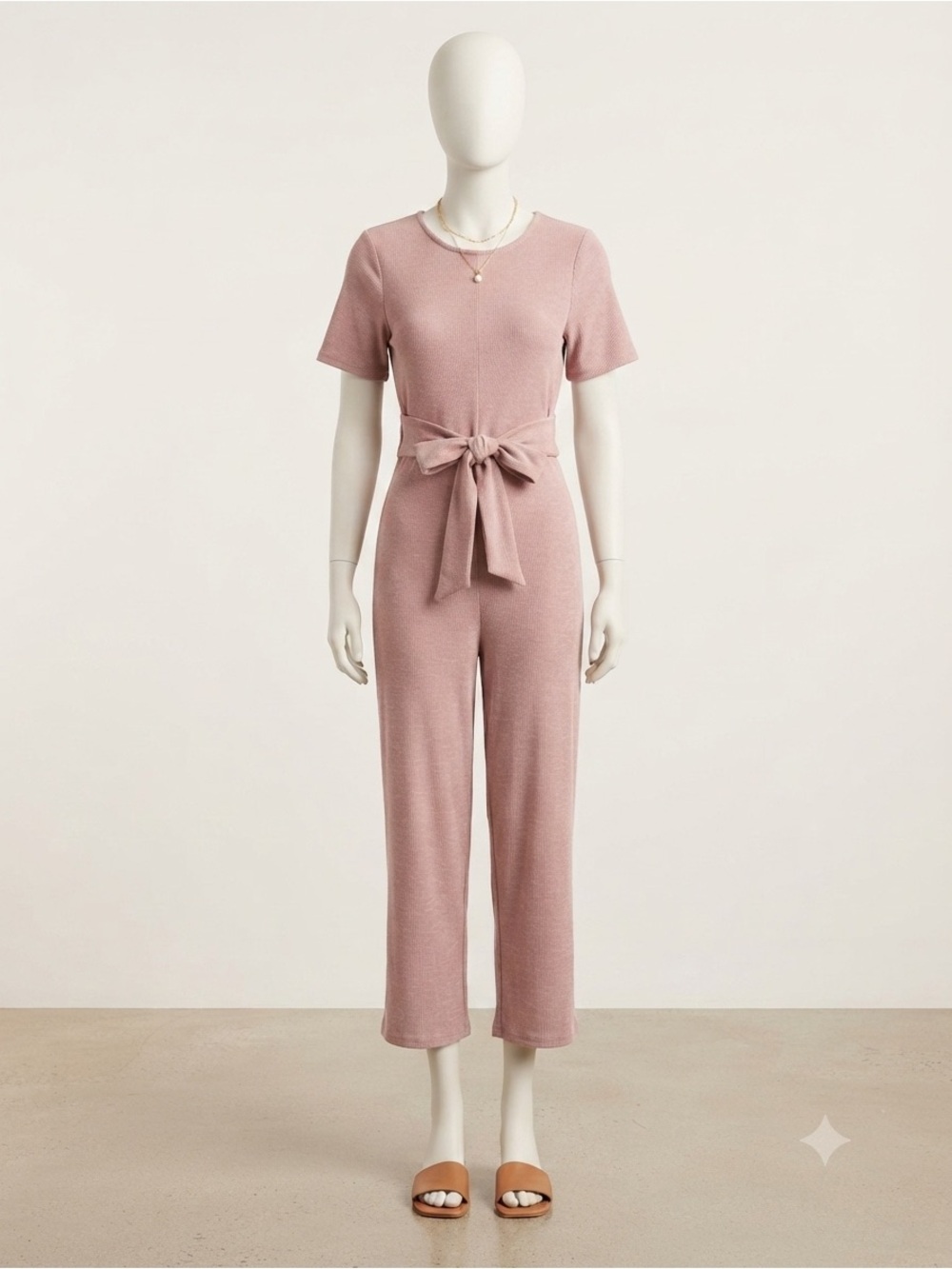 Brass and Roe for Called to Surf Ribbed Jumpsuit. Blush Tie-Waist Jumpsuit